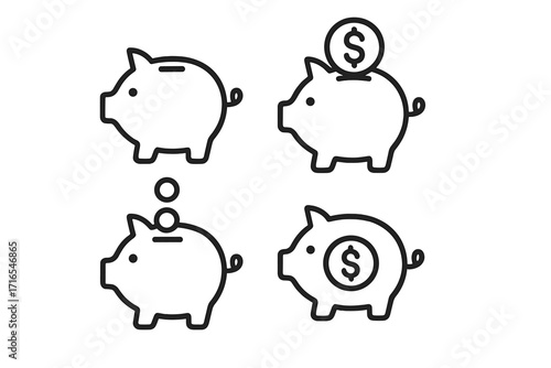 Piggy bank line icons collection with editable stroke, savings concepts, coin insert, dollar symbol, finance illustration perfect for infographics, articles, business materials, banners, and flyers