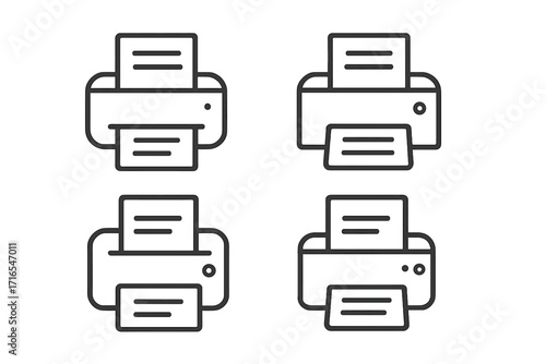 Printer line icon set, vector cartoon illustration, transparent background, office equipment symbols, paper document printing, technology device graphics, printing machine symbols pack