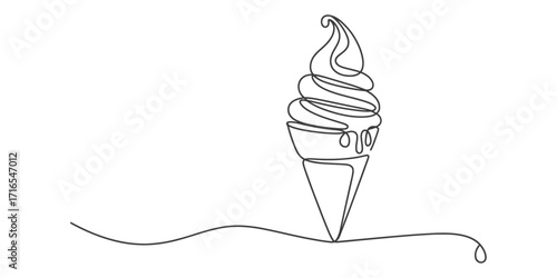 Simple hand drawn sketch of a swirl soft serve ice cream cone melting on a wavy line