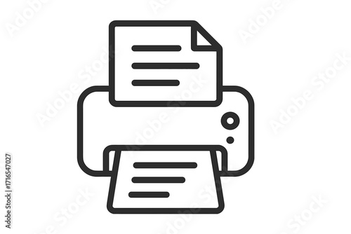Printer icon line art, vector illustration of printer with printing paper, office equipment symbol, technology device, document output concept, minimalist design, transparent background