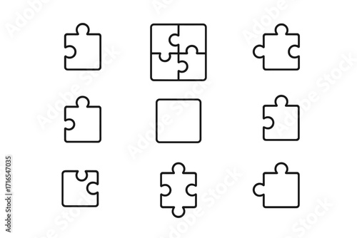 Puzzle outline icons collection, editable stroke vector set, perfect for infographics, articles, books, flyers, banners design, cartoon style, transparent background