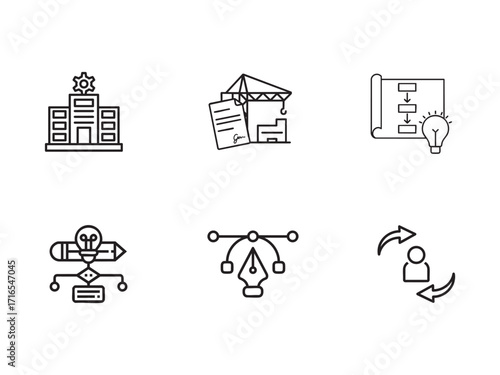 Creative Process and Development Stock Line Icons. Building, Planning, Innovation, and Partnership Vectors with white background