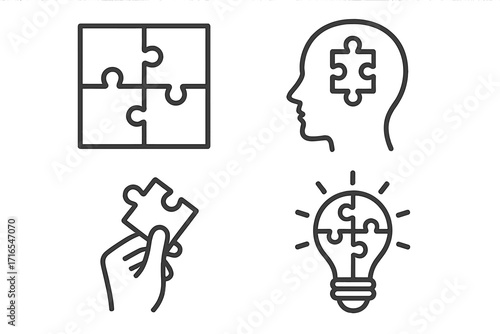 Puzzle icons set with brain, hand, light bulb and pieces. Editable stroke vector illustration perfect for infographics, articles, books, flyers, banners, problem solving and creativity concepts