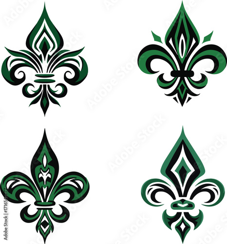 Four ornate dark green fleur de lis emblems on white background