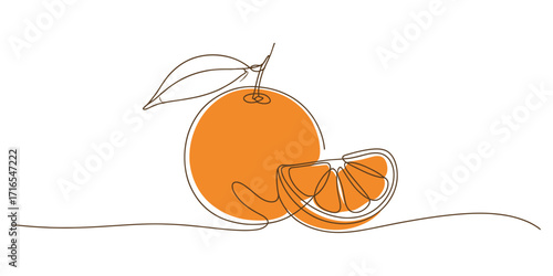 Fresh orange fruit with leaf and slice minimalist hand drawn sketch isolated