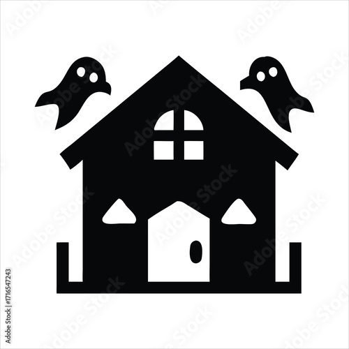 Spooky haunted house icon with ghosts for halloween