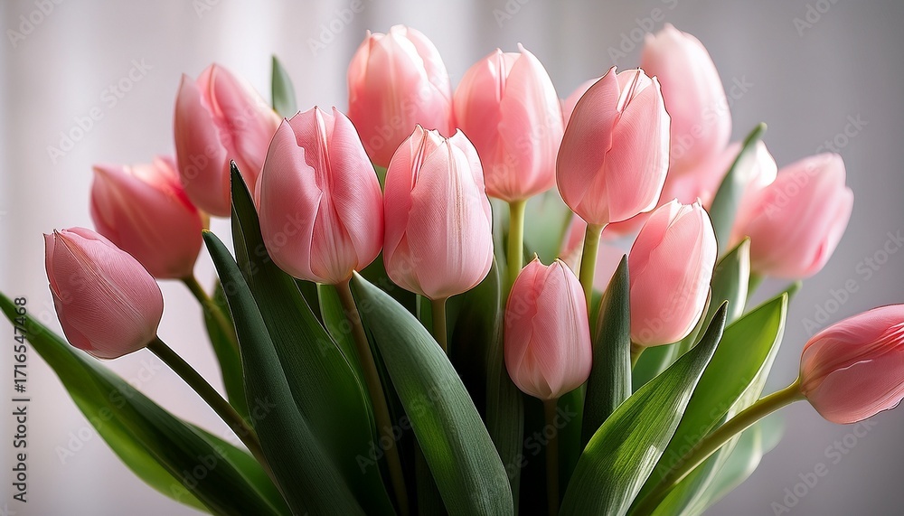 Fototapeta premium Pink Tulips In A Vase With Green Leaves