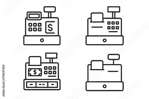 Set of Minimalistic Linear Cash Register Icons, Editable Stroke, Vector Cartoon Illustration, Payment Terminal, POS Machine, Money, Shopping, Checkout, Business Concept, Card, App, Banner, Post Design