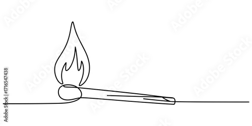Single line drawing of a burning matchstick with flame on white surface representing ignition and light
