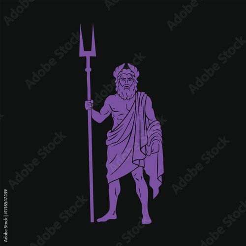 Illustration of a powerful ancient god figure holding a trident and wearing a draped cloth garment in purple