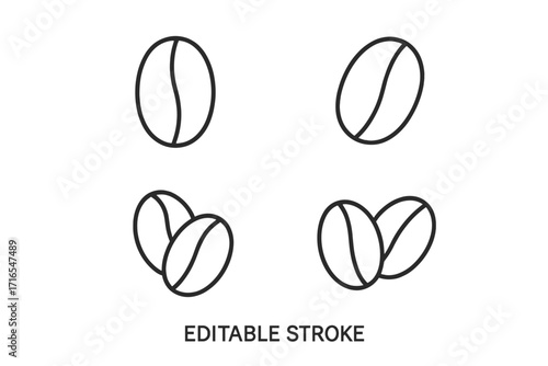 Set of Minimalistic Linear Coffee Grain Icons, Editable Stroke, Outline Coffee Beans Vector, Simple Line Art Pictograms for Apps, Cards, Banners, Posts Design