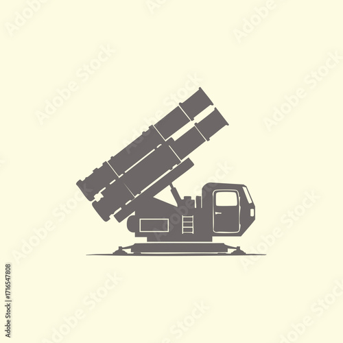 Silhouette illustration of a military missile launcher vehicle with multiple missile tubes aimed upward on a plain background