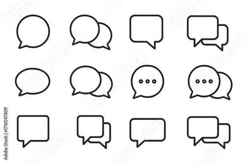 Set of speech bubble line icons, editable stroke, minimalistic linear chat and communication icons, vector cartoon illustration for cards, apps, banners, posts, messages