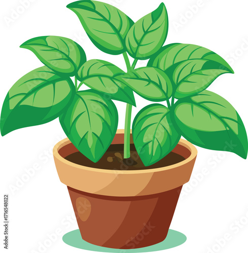 Vector art of a potted basil plant with vibrant green leaves, sitting in a brown pot, perfect for adding a touch of freshness