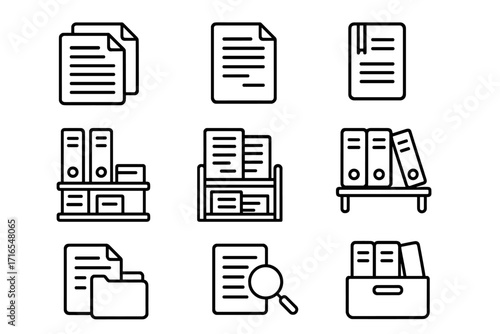Shelved documents outline icon set, editable stroke vector collection for infographics, articles, books, flyers, banners, office file folder and paperwork illustration, business archive concept