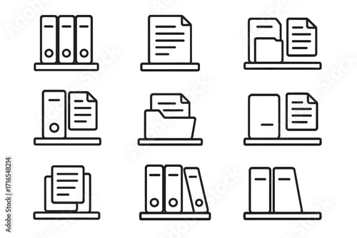 Shelved documents outline icons collection, editable stroke vector set for infographics, articles, books, flyers, banners, office files, folders, paper storage, organized archive