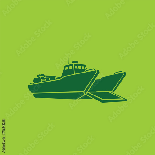 Green silhouette of a landing craft boat with an open ramp on a solid bright green background vector illustration