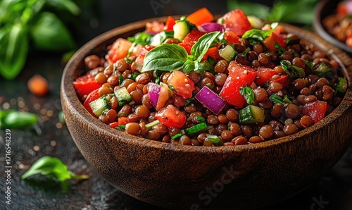 A vibrant lentil salad in a wooden bowl, featuring colorful vegetables