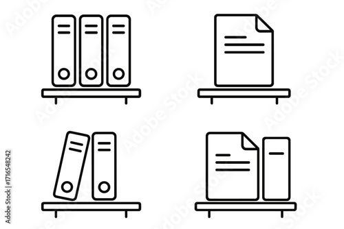 Shelved documents collection vector. Editable simple line icons of office folders, binders, files and paperwork on shelf, business organization, archive, storage concept, infographics and documents