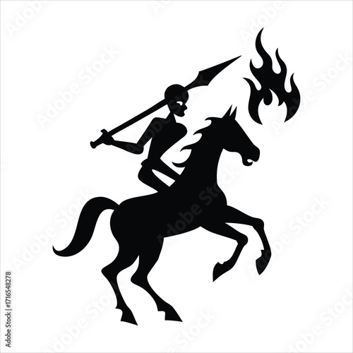 Silhouette of a skeleton warrior on a horse with a flaming spear