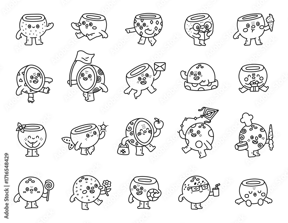 Fototapeta premium Coconut character set in outline line art showing different emotions and poses including greeting, studying, cooking, celebrating, relaxing, shopping, reading, sleeping, eating and drinking