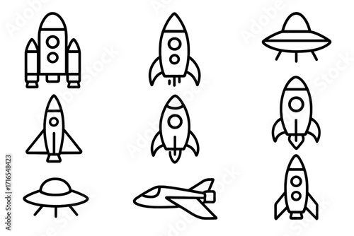 Spaceship Outline Icon Collection, Editable Stroke Rocket and UFO Vector Set, Cartoon Style Spacecraft Icons for Infographics, Articles, Books, Flyers, Banners, Transparent Background