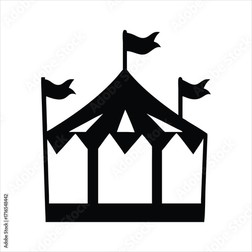 Black silhouette of a circus tent with flags on a white background