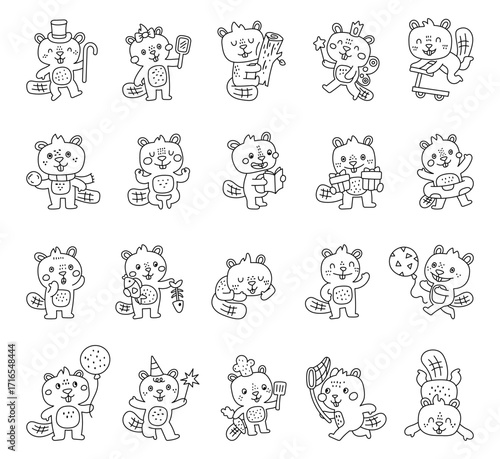 Beaver character set in outline line art showing different emotions and poses including fairy, scooter, chef hat, balloon, celebration, gift, reading, meditation, sleeping, relaxing