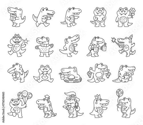 Crocodile character set in outline line art showing different emotions and poses with birthday, celebration, valentine, education, vacation, holiday, rest, magic, food and drink