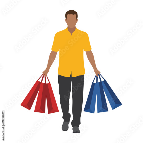 Silhouette of a Man Carrying Shopping Bags with a Yellow Shirt and Dark Pants, Depicting Consumerism and Modern Lifestyle in a Clean Background