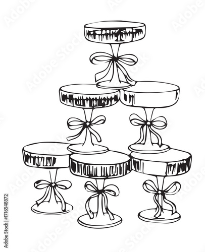 Pyramid or tower of glasses with champagne or sparkling wine decorated with bows and ribbons. Hand drawn doodle vector illustration for wedding or birthday invitation or greeting card in vintage style