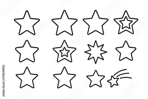 Star icon set line art collection, editable stroke vector illustration for infographics, articles, books, flyers, banners, design elements, cartoon style, transparent background