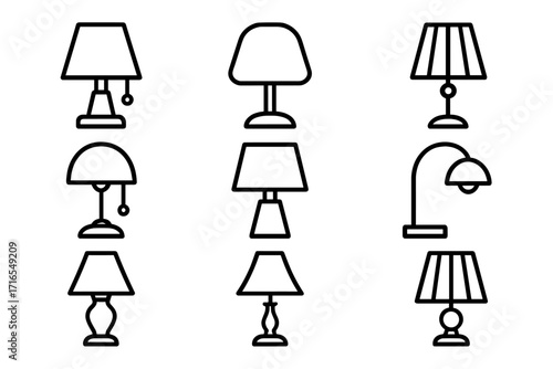 Table lamp icon set with editable stroke, vector cartoon illustration, organized collection for websites, books, cards, apps, transparent background, modern lighting design