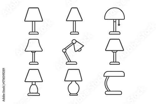 Table Lamp Icon Set, Thin Line Editable Stroke, Vector Cartoon Illustration for Web, Books, Cards, Apps, Transparent Background, Modern Household Lighting Designs