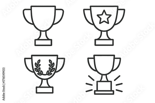 Winning Cup Outline Sign Collection with Editable Stroke, Trophy Icons with Star, Laurel Wreath, and Celebration Lines, Perfect for Infographics, Articles, Flyers, Banners, Vector Cartoon Illustration