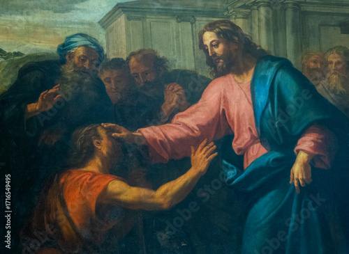Painting (19th century) of Jesus Christ heals a blind man. Miracles of the Bible.