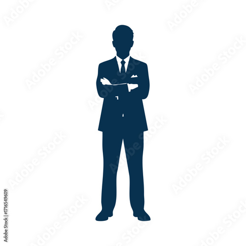 Silhouette of a confident businessman standing with arms crossed wearing a suit and tie on a white background
