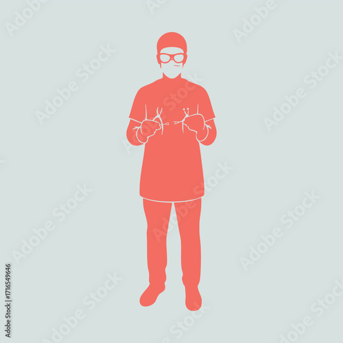 Silhouette of a surgeon wearing scrubs and gloves holding a heart and lungs model against a plain background