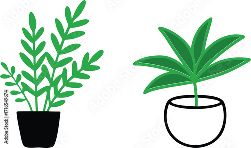 Two Green Potted Plants Isolated on White Background Simple Illustration Minimalist Style