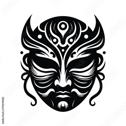 Intricate black and white tribal mask design with symmetrical patterns and ornamental details on a white background