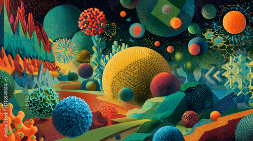 Abstract colorful spheres and crystalline structures in a vibrant landscape a surreal microcosm