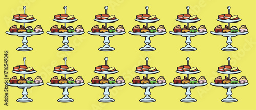 Vintage Hand-Drawn Dessert Stand Illustration – Elegant High Tea Cakes, Cupcakes, and Pastries Sketch