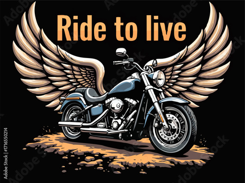 Vector t-shirt design with biker motorcycle, wings
on black background.
Fashionable print for fabric, paper, men clothing,
hoodie, biker jacket. T shirt template with lettering
Ride to live.