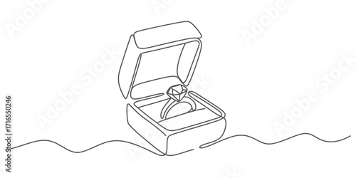 Minimalist line art drawing of a diamond engagement ring in an open jewelry box awaiting proposal