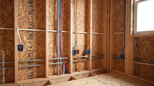 Interior of a new home under construction with visible wood studs and OSB sheathing highlighting the intricate rough-in installation of plumbing pipes and elect