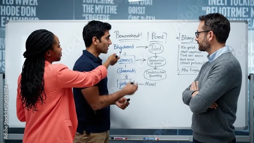 Diverse team of business professionals collaborating on a whiteboard actively discussing innovative ideas project strategies and problem-solving in a modern off