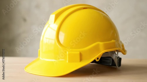 Vibrant Yellow Hard Hat Safety Helmet on Wooden Table for Construction and Industrial Workplace Protection Essential Personal Protective Equipment for Job Site 