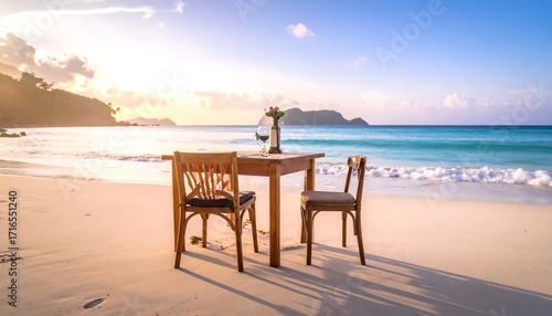 Beachside table set at sunrise