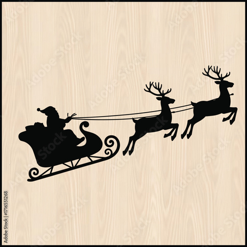 Black silhouette of Santa Claus flying in a sleigh pulled by reindeer