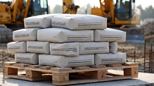 Close up of stacked cement bags on a wooden pallet at a busy construction site with heavy machinery in the background representing building development and raw 